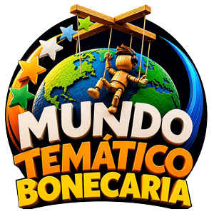 Logo da Mundo Temático Bonecaria com planeta Terra, boneco de madeira em estilo marionete e estrelas coloridas, representando criação de cenários, esculturas, personagens e projetos temáticos para parques, eventos, decoração e entretenimento.